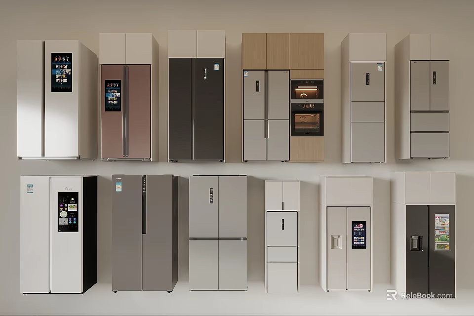 Various Modern Refrigerators And Freezers With Different Door Designs And Colors On 3d model 