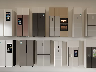 Various Modern Refrigerators And Freezers With Different Door Designs And Colors On 3d model