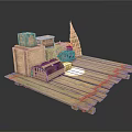 Detailed Wooden Model Scene With Crates Spire And Cage On Platform