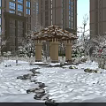 Snowy Garden Landscape With Wooden Pavilion Pathway And Snow Covered Trees Near High Rise Buildings
