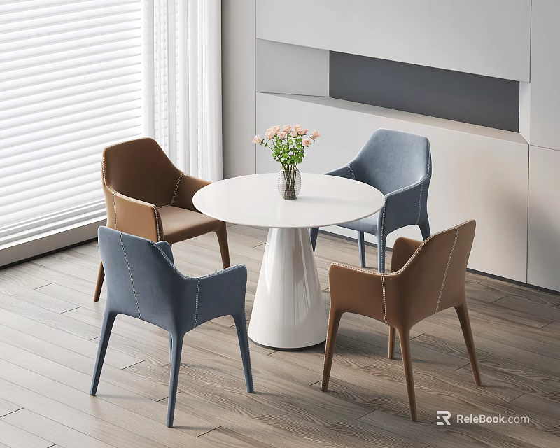 Modern White Round Table Set With Four Brown And Blue Chairs And Flower Vase 3d model 