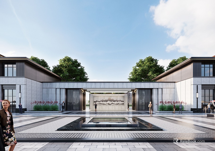 Elegant Modern Entrance Gate With Stone Facade Central Water Feature And Pedestrians 3d model 