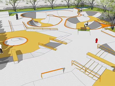 Skate Park Landscape With Curved Ramps Colorful Surfaces Trees And Skateboarders 3d model