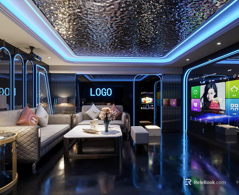 Luxury KTV Room Interior With Sofas Coffee Table And Neon Lights 3d model 
