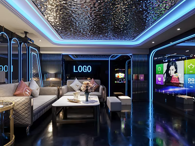 Luxury KTV Room Interior With Sofas Coffee Table And Neon Lights 3d model