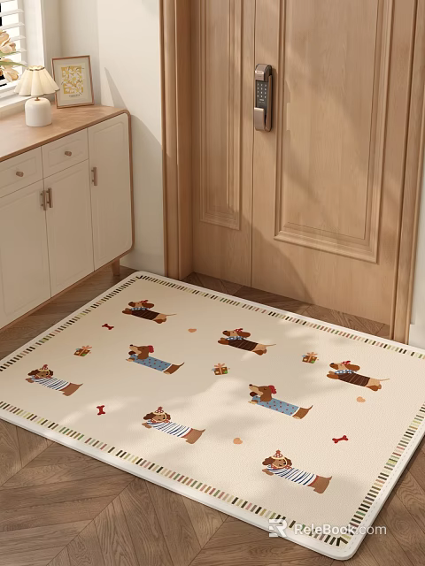 Entryway Hallway Design With White Cabinets Wooden Door And Dog Patterned Rug 3d model 