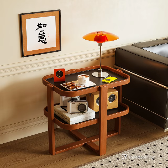 Wooden Multi Tiered Side Table With Orange Table Lamp Coffee Cup And Camera 3d model 