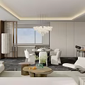 Light Luxury Open Concept Living And Dining Room With Large Panoramic Floor Windows And Chandelier