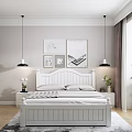White Double Bed with Headboard Storage Drawers Comforter Wall Art Hanging Lamps and Indoor Plants