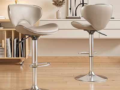 Modern Beige Leather Bar Stools With Chrome Base Adjustable Height And Kitchen Interior 3d model