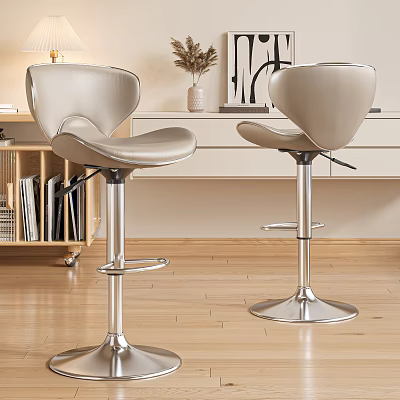 Modern Beige Leather Bar Stools With Chrome Base Adjustable Height And Kitchen Interior 3d model
