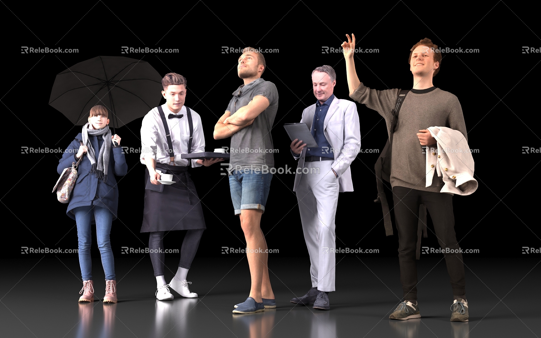 Many men say hello, wave their hands, raise their hands, hold umbrellas, waiters, waiters, tea trays, restaurant owners, reading books, crowd atmosphere 3d model