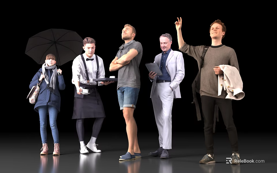 Group of Diverse People Standing Together Holding Umbrella Tray Tablet And Jacket In Studio 3d model 