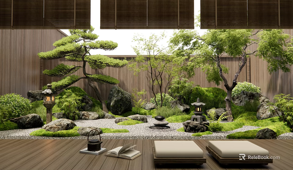 Serene Japanese Courtyard Garden With Bamboo Blinds Pine Trees Stones Moss And Floor Cushions 3d model 