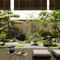 Serene Japanese Courtyard Garden With Bamboo Blinds Pine Trees Stones Moss And Floor Cushions