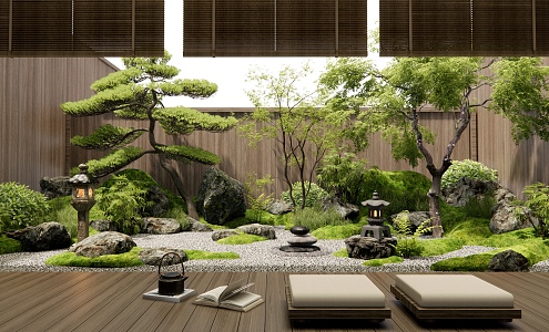 Japanese Zen Courtyard Landscape Dead Mountain Stone Landscape Stone Ting Step Plant Landscape Tree Shrub Futon Cushion 3d model