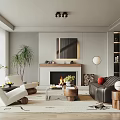 Modern Living Room Interior With Fireplace Decorative Painting Leather Sofa Armchair And Plants