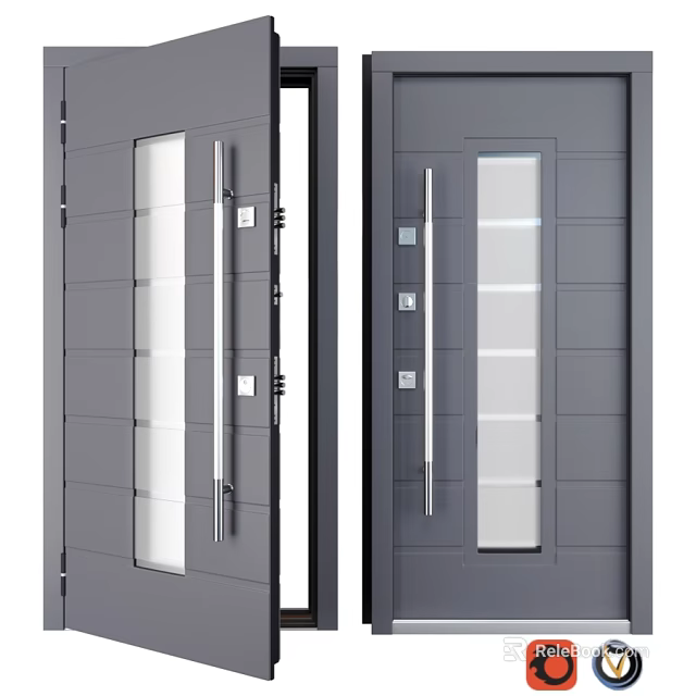 Modern Gray Hinged Door Design With Glass Panels And Metal Handles 3d model 
