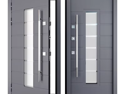 Modern Gray Hinged Door Design With Glass Panels And Metal Handles 3d model