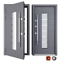 Modern Gray Hinged Door Design With Glass Panels And Metal Handles