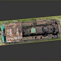 Vintage Teal Rusted Steam Train Model With Green Grass Base And Detailed Exterior