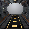 Futuristic Sci Fi Corridor With Illuminated Yellow Floor Stripes And Metal Walls