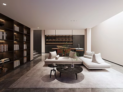 Modern Basement Interior Design With Bookshelves Sofa Coffee Table And Plant 3d model