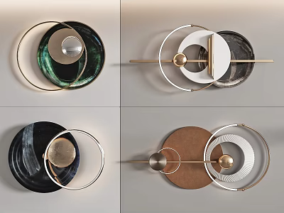 Modern Geometric Wall Decor Featuring Circular Metal Rings Colored Panels And Sphere Accents 3d model