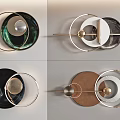 Modern Geometric Wall Decor Featuring Circular Metal Rings Colored Panels And Sphere Accents