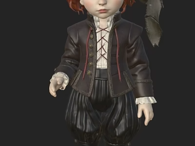 Woman In Vintage Black Coat With Red Laces White Blouse And Balloon Pants 3d model