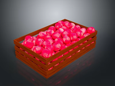 Fresh Pink Fruits Filled in Wooden Crate on Dark Background 3d model