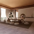 Japanese Style Tea Room Interior With Wooden Structure Tatami Mats Round Mirror And Pine Bonsai