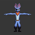 Blue Cartoon Fox Character with Big Ears Red Scarf Black Eye Patch and Arms Outstretched