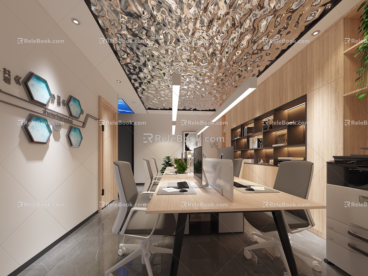 Modern Public Office Area Public Office Computer Desk and Chair Printer Decorative Cabinet Background Wall Water Ripple Ceiling 3d model