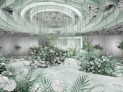 Elegant Banquet Hall Interior With Lush Floral Arrangements And Hanging Chandeliers 3d model