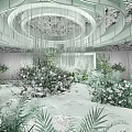 Elegant Banquet Hall Interior With Lush Floral Arrangements And Hanging Chandeliers
