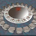 Round Dining Table Set With Wooden Tabletop Surrounded by Chairs Tableware Place Settings And Centerpiece