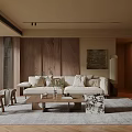 Modern Living Room Interior With Beige Sofa Wooden Wall Panels And Coffee Table