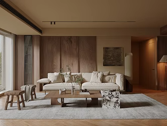 Quiet Ancient Style Home Living Room Sofa Coffee Table Combination Solid Wood Coffee Table Floor Lamp Wall Panel Low Stool Jewelry Ornaments 3d model