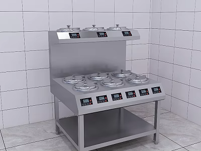Commercial Kitchen Stainless Steel Food Warmer Station With Multiple Heating Pans And Control Panels 3d model