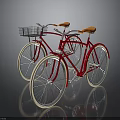 Two Red Bicycles With Orange Seats And Front Baskets On Reflective Surface