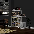 Multifunctional Storage Shelf with Microwave Drawers Wheels and Potted Plant in Kitchen Dining Area