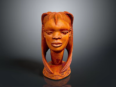 Hand Carved Wooden Head Sculpture With Intricate Hair And Decorative Base 3d model