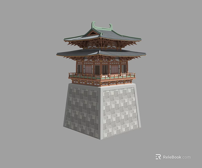 Ancient Architecture Traditional Multi tiered Tower With Stone Base And Green Tiled Roof 3d model 
