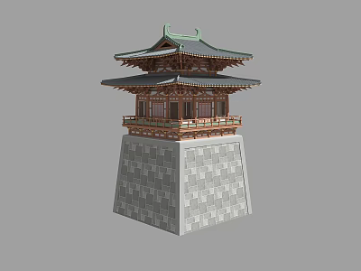 Ancient Architecture Traditional Multi tiered Tower With Stone Base And Green Tiled Roof 3d model