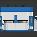 Blue and White Industrial Machine with Large Worktable Control Panel and Support Pillars 3d model