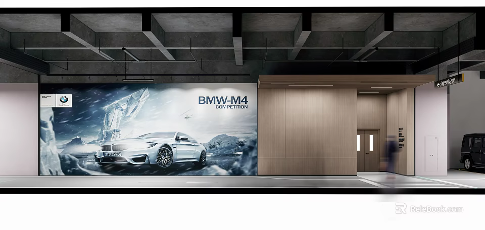 Modern Parking Garage Interior With BMW M4 Competition And Elevators 3d model 