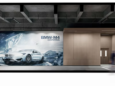 Modern Parking Garage Interior With BMW M4 Competition And Elevators 3d model