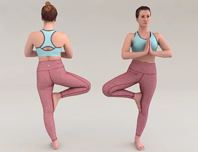 Woman Doing Yoga Pose In Blue Sports Bra And Pink Leggings With Single Leg Stance 3d model