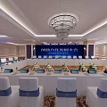 Large Conference Hall Setup With Long Tables White Chairs And Digital Screens